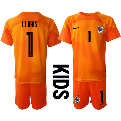 Frankrike Hugo Lloris #1 Målvakt Hemmadräkt Barn VM 2022 Kortärmad (+ Korta byxor)